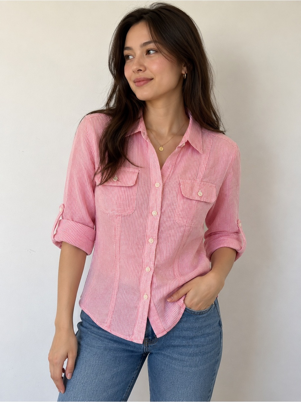 Banana Republic Women’s Size 4 Pink White Striped Button Down Shirt Linen Cotton